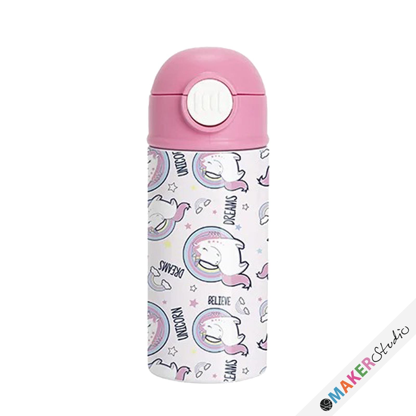 Drikkeflaske i stål med silikone sugerørs-top & pink hætte 360 ml 2 stk
