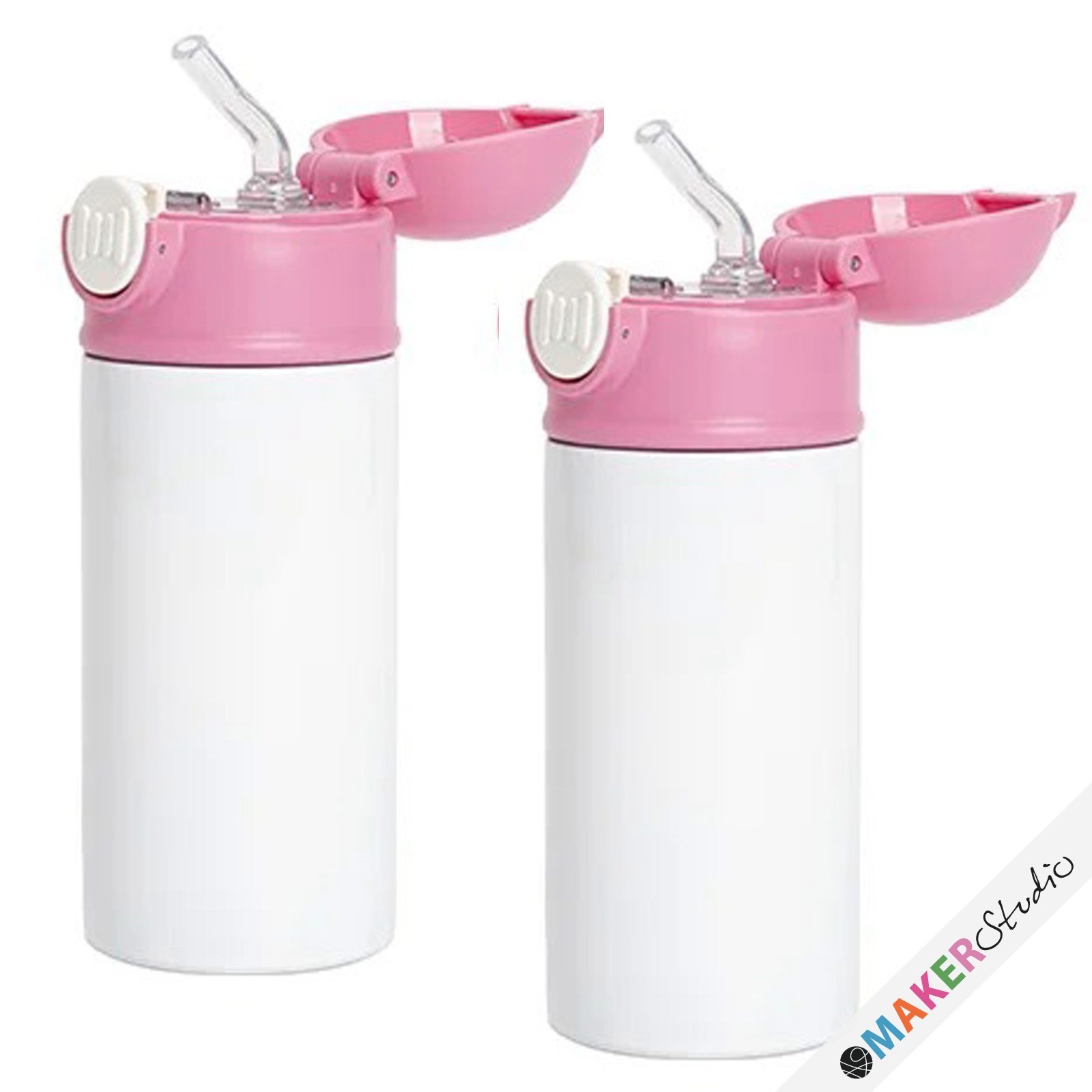 Drikkeflaske i stål med silikone sugerørs-top & pink hætte 360 ml 2 stk